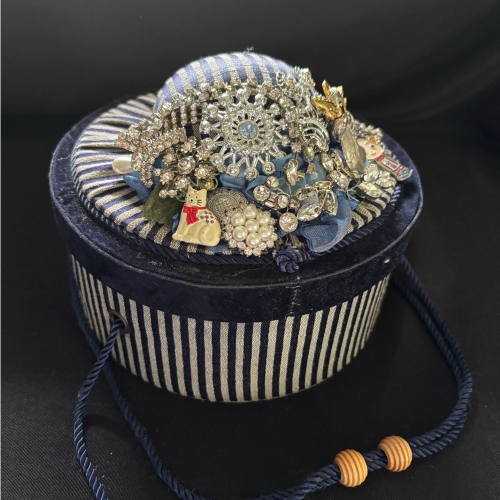 Vintage Elegant Striped Sewing Box with Embellishments